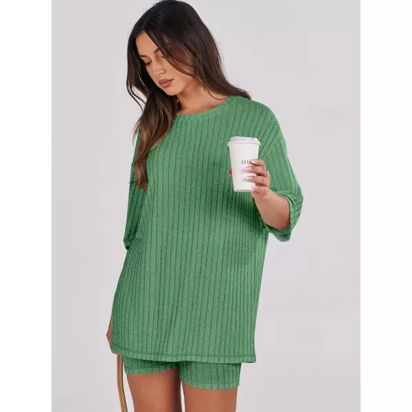 imageANRABESS Womens Summer 2 Piece Outfits Lounge Sets Ribbed Knit Short Sleeve Loose Top and Biker Shorts TracksuitGrass