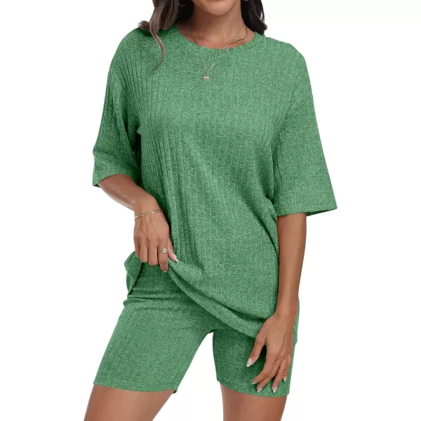 imageANRABESS Womens Summer 2 Piece Outfits Lounge Sets Ribbed Knit Short Sleeve Loose Top and Biker Shorts TracksuitGrass