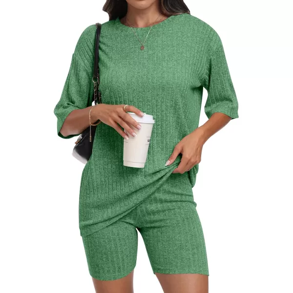 imageANRABESS Womens Summer 2 Piece Outfits Lounge Sets Ribbed Knit Short Sleeve Loose Top and Biker Shorts TracksuitGrass
