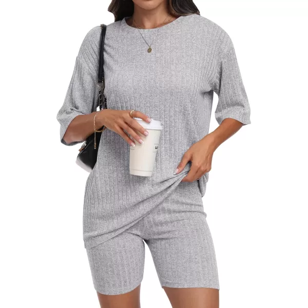 imageANRABESS Womens Summer 2 Piece Outfits Lounge Sets Ribbed Knit Short Sleeve Loose Top and Biker Shorts TracksuitGray