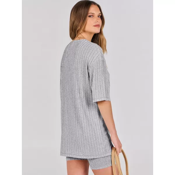 imageANRABESS Womens Summer 2 Piece Outfits Lounge Sets Ribbed Knit Short Sleeve Loose Top and Biker Shorts TracksuitGray