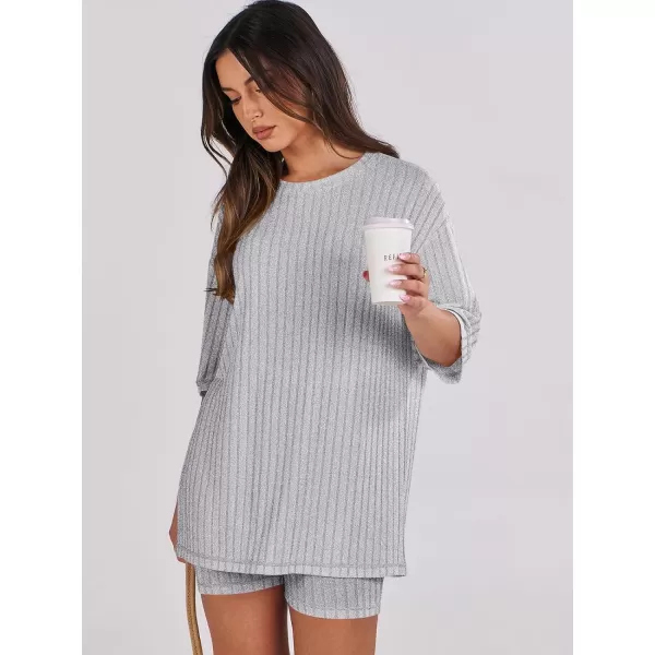 imageANRABESS Womens Summer 2 Piece Outfits Lounge Sets Ribbed Knit Short Sleeve Loose Top and Biker Shorts TracksuitGray