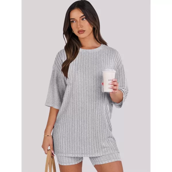 imageANRABESS Womens Summer 2 Piece Outfits Lounge Sets Ribbed Knit Short Sleeve Loose Top and Biker Shorts TracksuitGray
