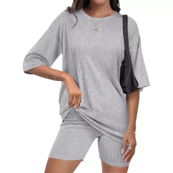 imageANRABESS Womens Summer 2 Piece Outfits Lounge Sets Ribbed Knit Short Sleeve Loose Top and Biker Shorts TracksuitGray
