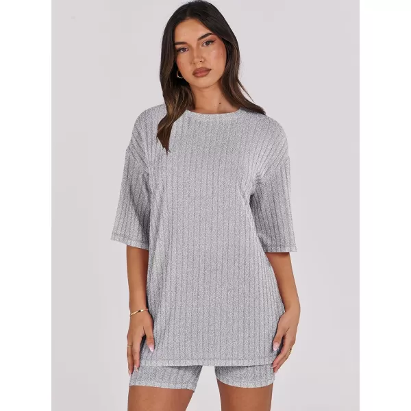 imageANRABESS Womens Summer 2 Piece Outfits Lounge Sets Ribbed Knit Short Sleeve Loose Top and Biker Shorts TracksuitGray