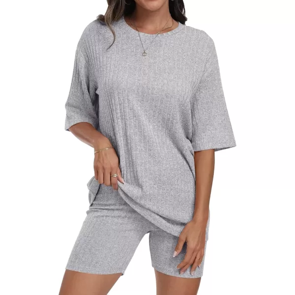 imageANRABESS Womens Summer 2 Piece Outfits Lounge Sets Ribbed Knit Short Sleeve Loose Top and Biker Shorts TracksuitGray