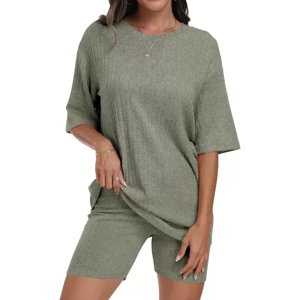 imageANRABESS Womens Summer 2 Piece Outfits Lounge Sets Ribbed Knit Short Sleeve Loose Top and Biker Shorts TracksuitGreen