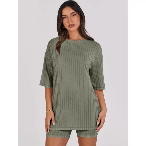 imageANRABESS Womens Summer 2 Piece Outfits Lounge Sets Ribbed Knit Short Sleeve Loose Top and Biker Shorts TracksuitGreen
