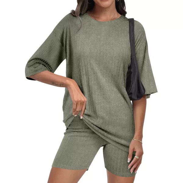 imageANRABESS Womens Summer 2 Piece Outfits Lounge Sets Ribbed Knit Short Sleeve Loose Top and Biker Shorts TracksuitGreen