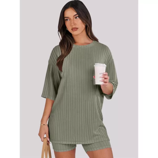 imageANRABESS Womens Summer 2 Piece Outfits Lounge Sets Ribbed Knit Short Sleeve Loose Top and Biker Shorts TracksuitGreen