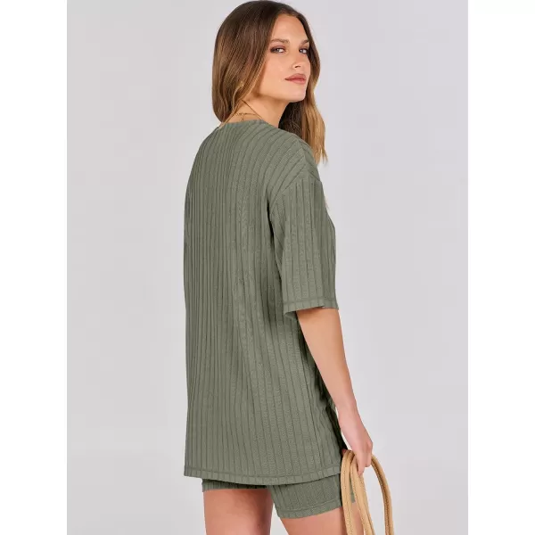 imageANRABESS Womens Summer 2 Piece Outfits Lounge Sets Ribbed Knit Short Sleeve Loose Top and Biker Shorts TracksuitGreen