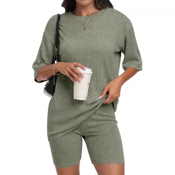 imageANRABESS Womens Summer 2 Piece Outfits Lounge Sets Ribbed Knit Short Sleeve Loose Top and Biker Shorts TracksuitGreen
