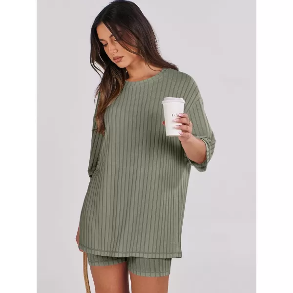 imageANRABESS Womens Summer 2 Piece Outfits Lounge Sets Ribbed Knit Short Sleeve Loose Top and Biker Shorts TracksuitGreen