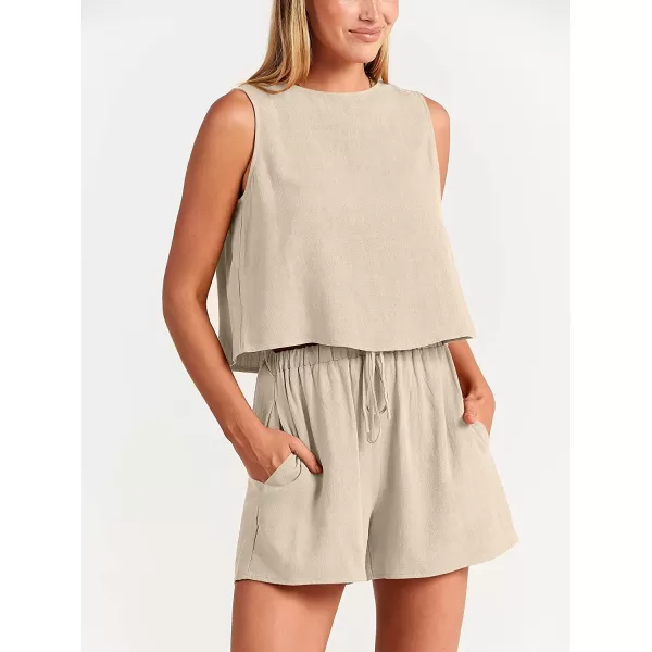 imageANRABESS Womens Summer 2 Piece Outfits Shorts Sets Sleeveless Crop Top Tank and High Waisted Shorts Romper PocketsApricot