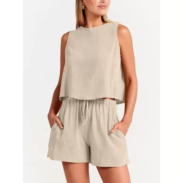 imageANRABESS Womens Summer 2 Piece Outfits Shorts Sets Sleeveless Crop Top Tank and High Waisted Shorts Romper PocketsApricot