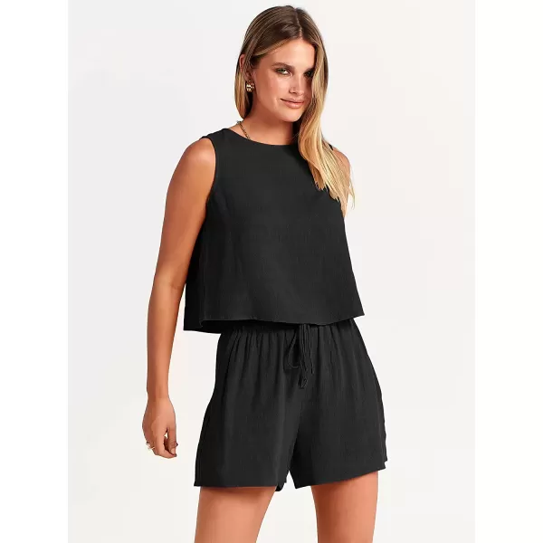 imageANRABESS Womens Summer 2 Piece Outfits Shorts Sets Sleeveless Crop Top Tank and High Waisted Shorts Romper PocketsBlack
