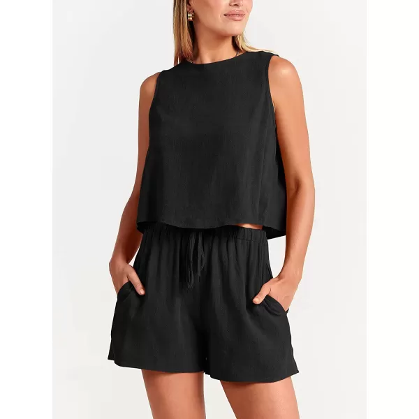 imageANRABESS Womens Summer 2 Piece Outfits Shorts Sets Sleeveless Crop Top Tank and High Waisted Shorts Romper PocketsBlack