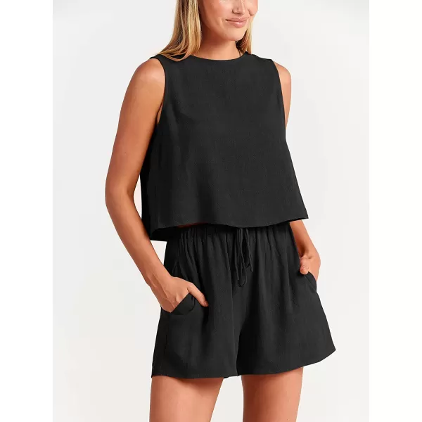 imageANRABESS Womens Summer 2 Piece Outfits Shorts Sets Sleeveless Crop Top Tank and High Waisted Shorts Romper PocketsBlack