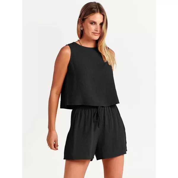 imageANRABESS Womens Summer 2 Piece Outfits Shorts Sets Sleeveless Crop Top Tank and High Waisted Shorts Romper PocketsBlack
