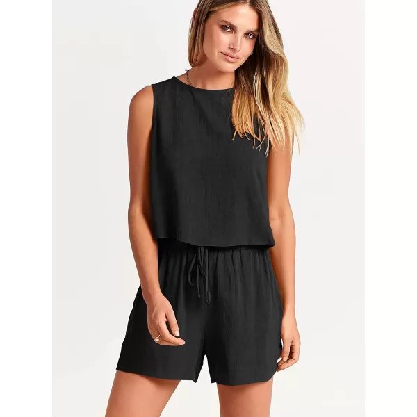 imageANRABESS Womens Summer 2 Piece Outfits Shorts Sets Sleeveless Crop Top Tank and High Waisted Shorts Romper PocketsBlack