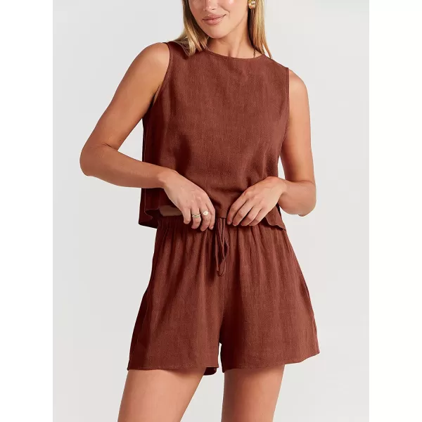 imageANRABESS Womens Summer 2 Piece Outfits Shorts Sets Sleeveless Crop Top Tank and High Waisted Shorts Romper PocketsBrown