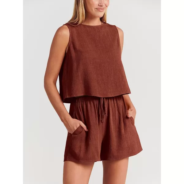 imageANRABESS Womens Summer 2 Piece Outfits Shorts Sets Sleeveless Crop Top Tank and High Waisted Shorts Romper PocketsBrown