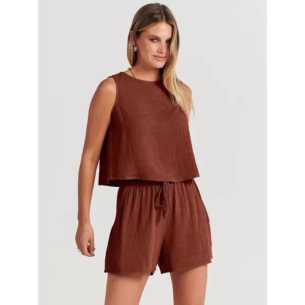 imageANRABESS Womens Summer 2 Piece Outfits Shorts Sets Sleeveless Crop Top Tank and High Waisted Shorts Romper PocketsBrown