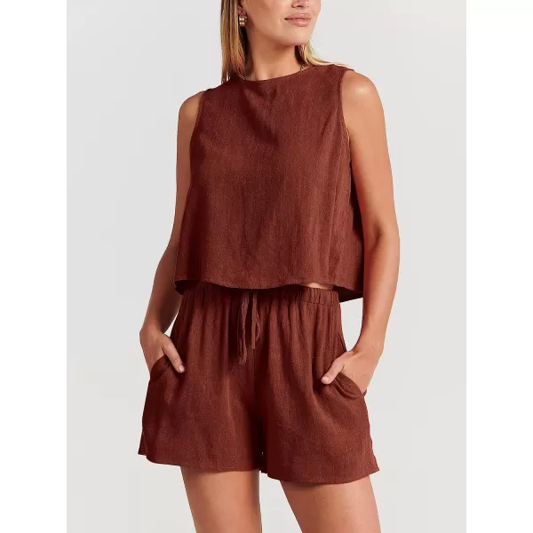 imageANRABESS Womens Summer 2 Piece Outfits Shorts Sets Sleeveless Crop Top Tank and High Waisted Shorts Romper PocketsBrown