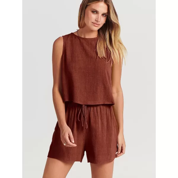 imageANRABESS Womens Summer 2 Piece Outfits Shorts Sets Sleeveless Crop Top Tank and High Waisted Shorts Romper PocketsBrown