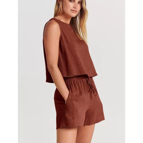 imageANRABESS Womens Summer 2 Piece Outfits Shorts Sets Sleeveless Crop Top Tank and High Waisted Shorts Romper PocketsBrown