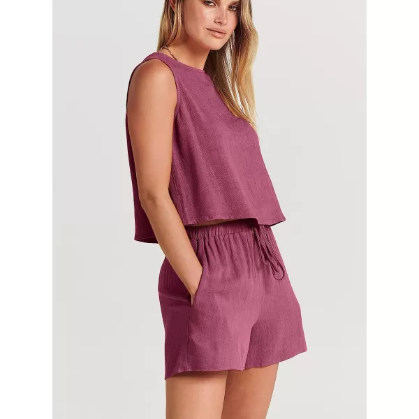 imageANRABESS Womens Summer 2 Piece Outfits Shorts Sets Sleeveless Crop Top Tank and High Waisted Shorts Romper PocketsFuchsia