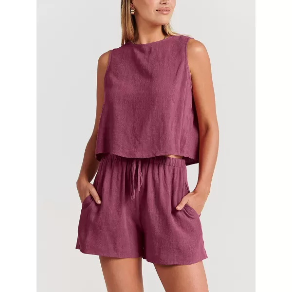 imageANRABESS Womens Summer 2 Piece Outfits Shorts Sets Sleeveless Crop Top Tank and High Waisted Shorts Romper PocketsFuchsia