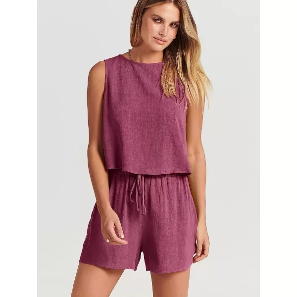 imageANRABESS Womens Summer 2 Piece Outfits Shorts Sets Sleeveless Crop Top Tank and High Waisted Shorts Romper PocketsFuchsia