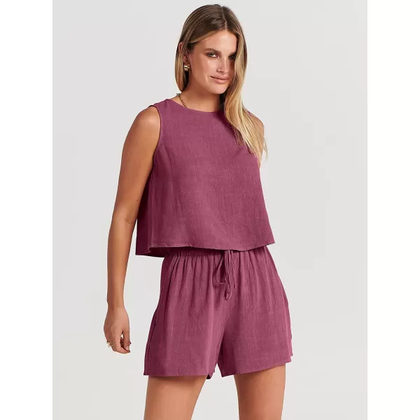 imageANRABESS Womens Summer 2 Piece Outfits Shorts Sets Sleeveless Crop Top Tank and High Waisted Shorts Romper PocketsFuchsia
