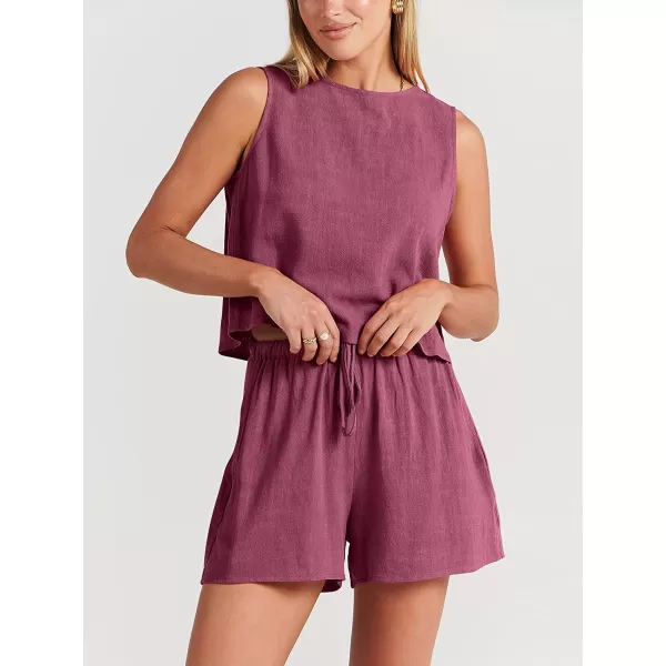 imageANRABESS Womens Summer 2 Piece Outfits Shorts Sets Sleeveless Crop Top Tank and High Waisted Shorts Romper PocketsFuchsia