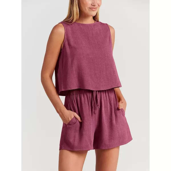 imageANRABESS Womens Summer 2 Piece Outfits Shorts Sets Sleeveless Crop Top Tank and High Waisted Shorts Romper PocketsFuchsia