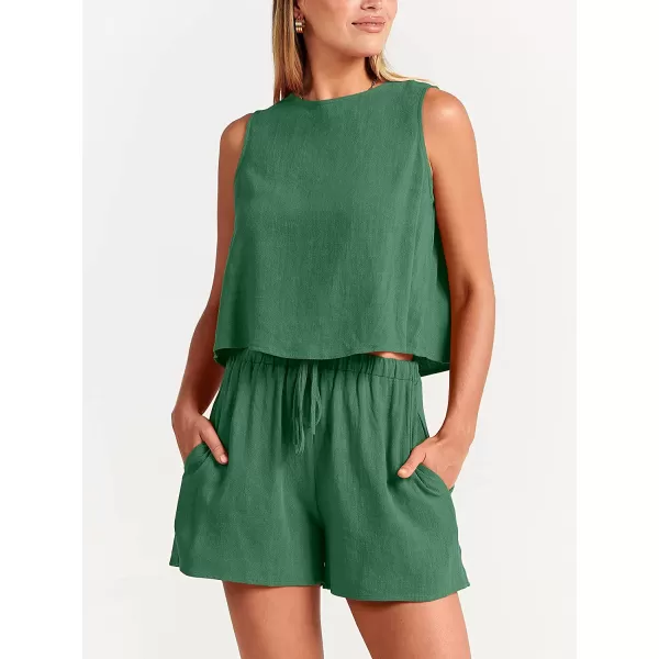 imageANRABESS Womens Summer 2 Piece Outfits Shorts Sets Sleeveless Crop Top Tank and High Waisted Shorts Romper PocketsGrass