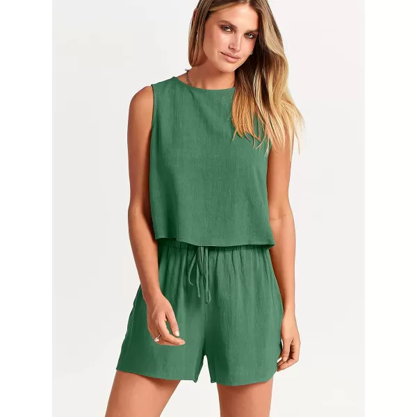 imageANRABESS Womens Summer 2 Piece Outfits Shorts Sets Sleeveless Crop Top Tank and High Waisted Shorts Romper PocketsGrass