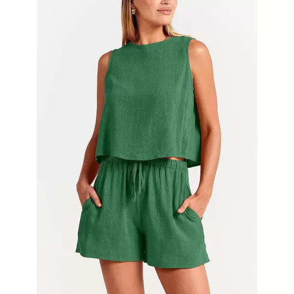 imageANRABESS Womens Summer 2 Piece Outfits Shorts Sets Sleeveless Crop Top Tank and High Waisted Shorts Romper PocketsGrass