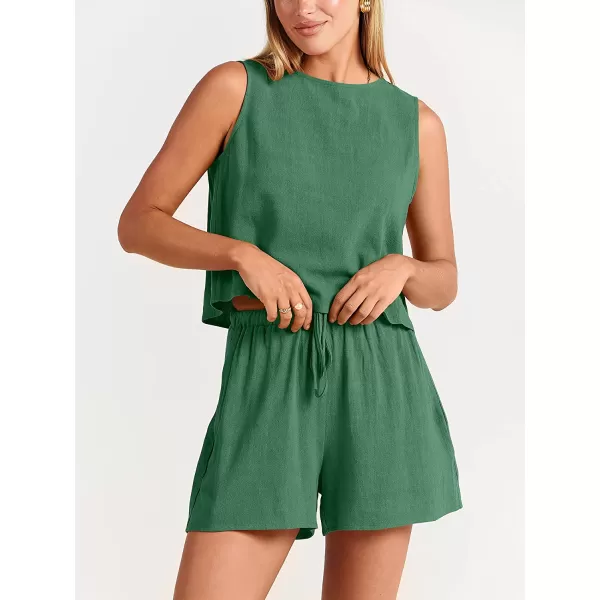 imageANRABESS Womens Summer 2 Piece Outfits Shorts Sets Sleeveless Crop Top Tank and High Waisted Shorts Romper PocketsGrass