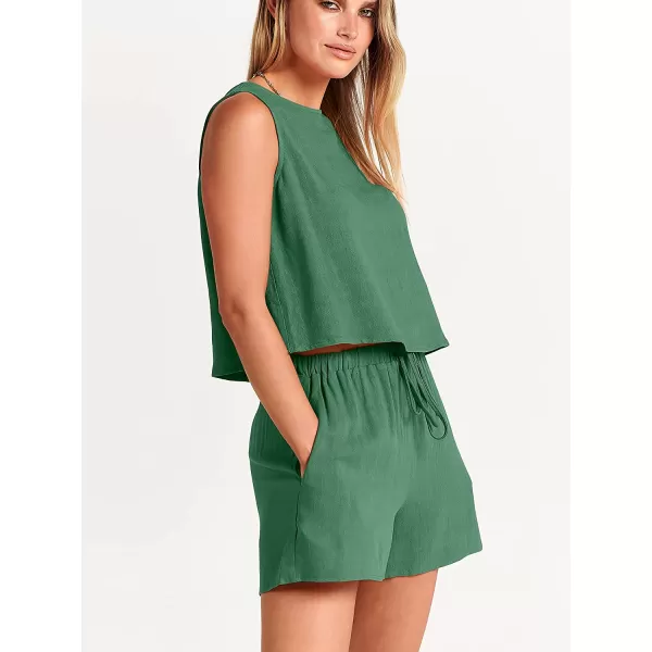 imageANRABESS Womens Summer 2 Piece Outfits Shorts Sets Sleeveless Crop Top Tank and High Waisted Shorts Romper PocketsGrass