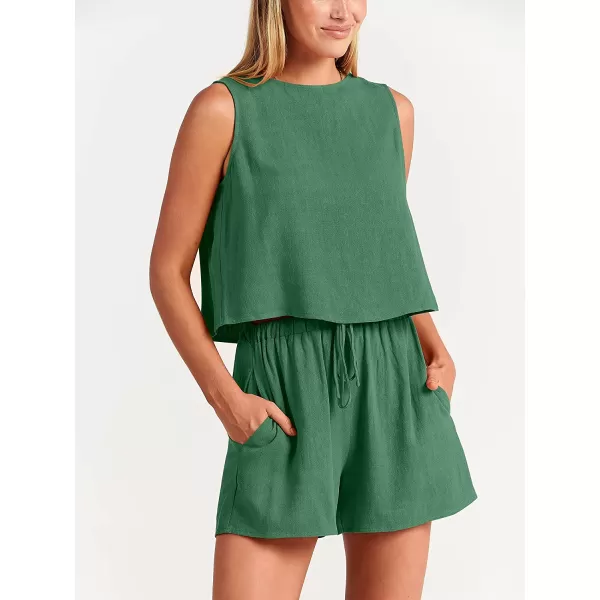 imageANRABESS Womens Summer 2 Piece Outfits Shorts Sets Sleeveless Crop Top Tank and High Waisted Shorts Romper PocketsGrass