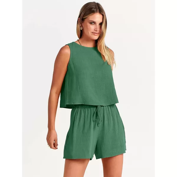 imageANRABESS Womens Summer 2 Piece Outfits Shorts Sets Sleeveless Crop Top Tank and High Waisted Shorts Romper PocketsGrass