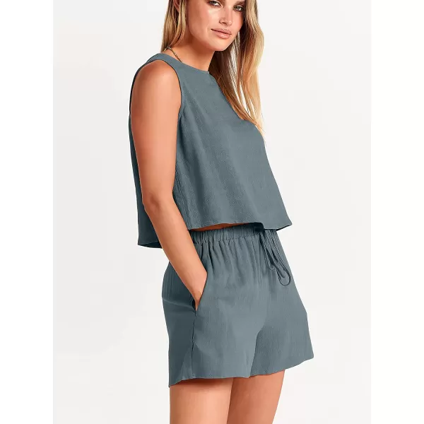 imageANRABESS Womens Summer 2 Piece Outfits Shorts Sets Sleeveless Crop Top Tank and High Waisted Shorts Romper PocketsGrey Blue