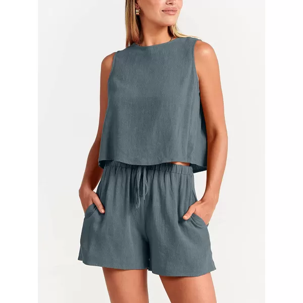 imageANRABESS Womens Summer 2 Piece Outfits Shorts Sets Sleeveless Crop Top Tank and High Waisted Shorts Romper PocketsGrey Blue