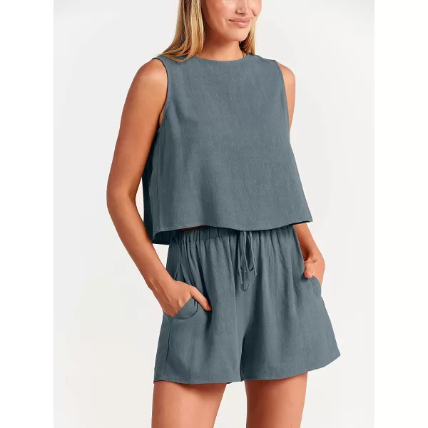 imageANRABESS Womens Summer 2 Piece Outfits Shorts Sets Sleeveless Crop Top Tank and High Waisted Shorts Romper PocketsGrey Blue