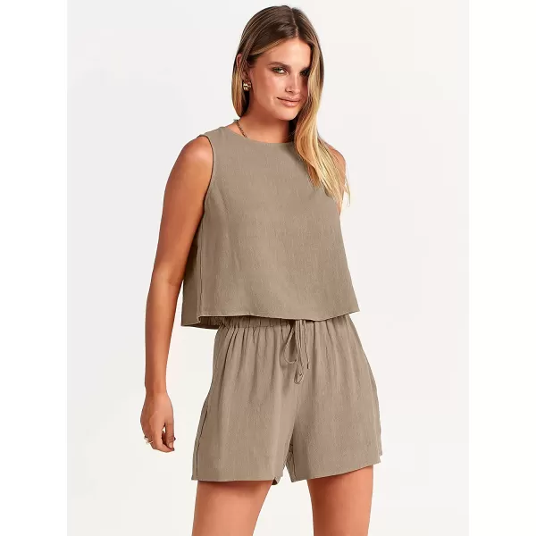 imageANRABESS Womens Summer 2 Piece Outfits Shorts Sets Sleeveless Crop Top Tank and High Waisted Shorts Romper PocketsKhaki