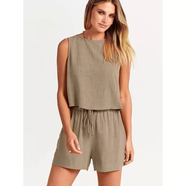 imageANRABESS Womens Summer 2 Piece Outfits Shorts Sets Sleeveless Crop Top Tank and High Waisted Shorts Romper PocketsKhaki