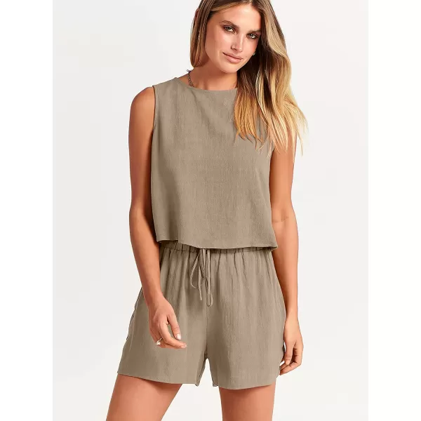imageANRABESS Womens Summer 2 Piece Outfits Shorts Sets Sleeveless Crop Top Tank and High Waisted Shorts Romper PocketsKhaki