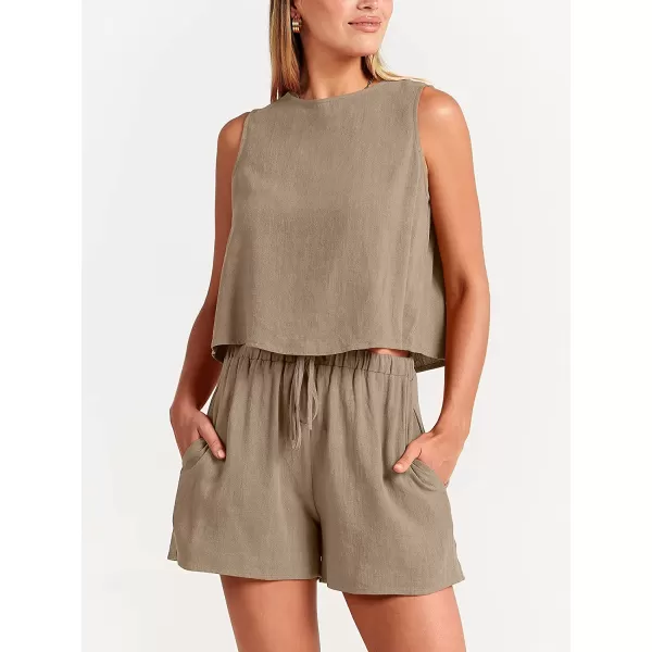 imageANRABESS Womens Summer 2 Piece Outfits Shorts Sets Sleeveless Crop Top Tank and High Waisted Shorts Romper PocketsKhaki